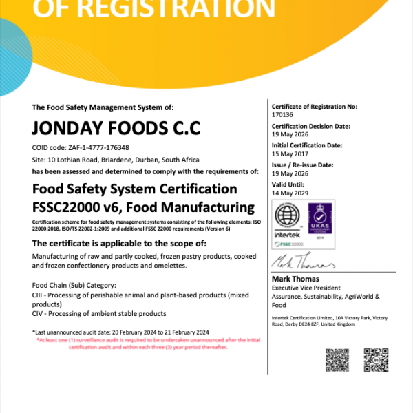 FSSC22000 CERTIFICATE OF REGISTRATION