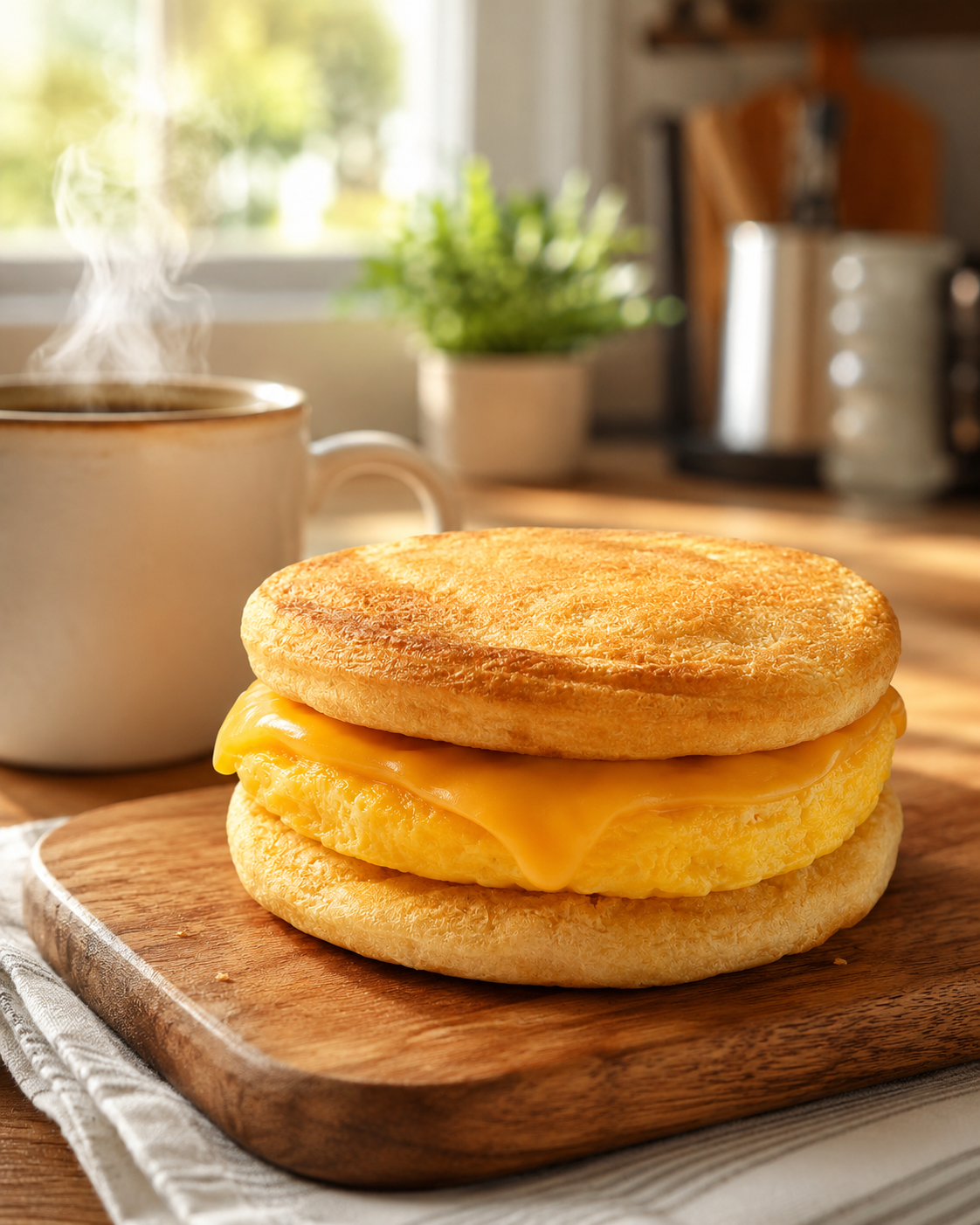 Breakfast sandwich on cutting board